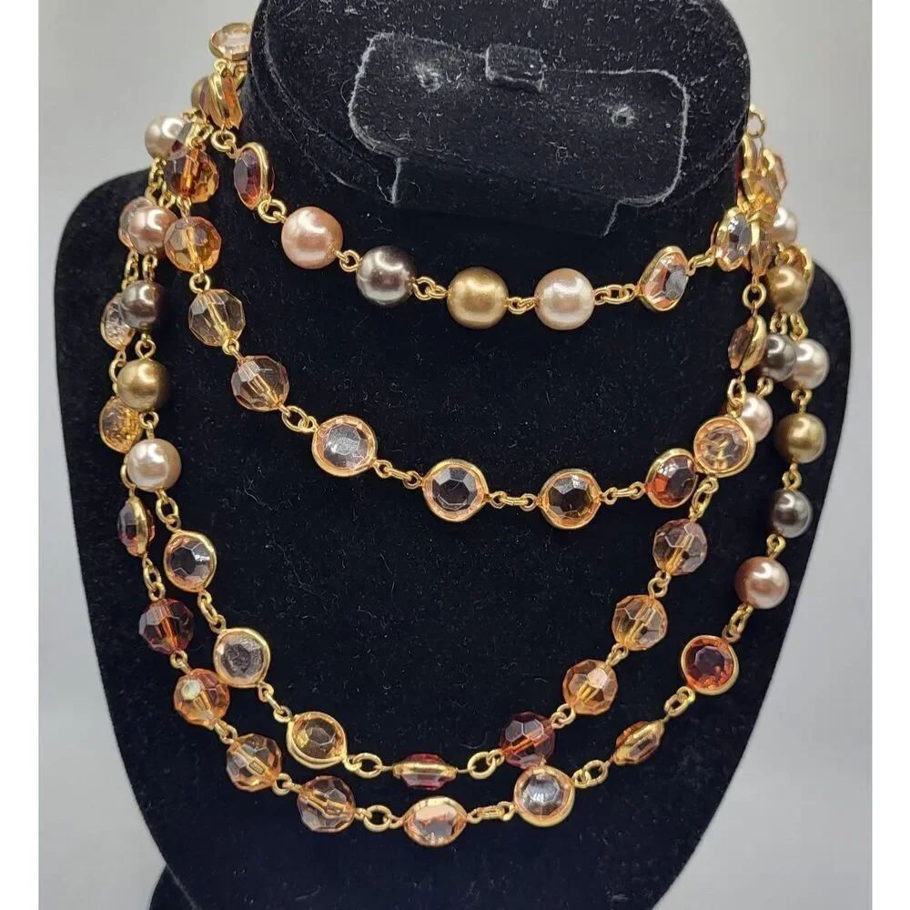 Extra Long Strand of Simulated Pearl Orange Crystal Necklace 61in